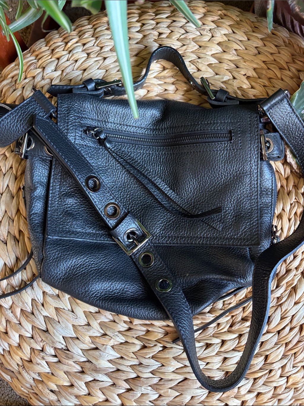 Black Pebbled Leather Crossbody Bag With Gunmetal Accents